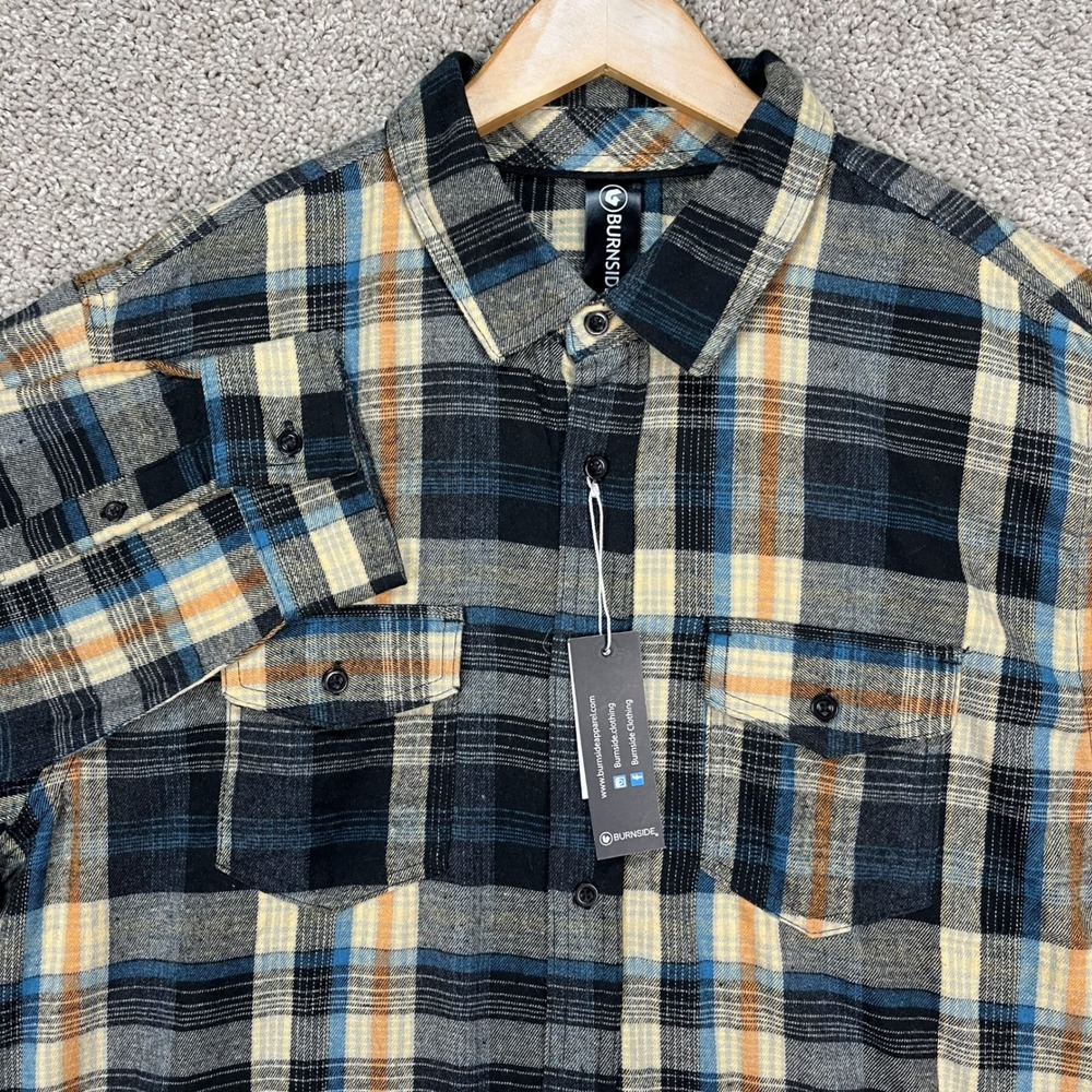 Burnside Shirt Mens XL Blue Khaki Plaid Long Sleeve Flannel‎ Fox Pest Control